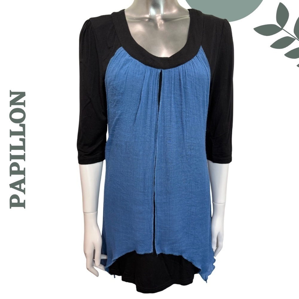 🛍️ Papillon Blue & Black Asymmetrical Tunic Top | Crinkle Layered Style Medium